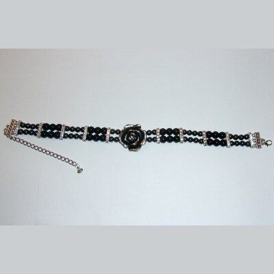 Silver Rose and Black Bead with Crystal 2-Strand Choker Necklace - image4